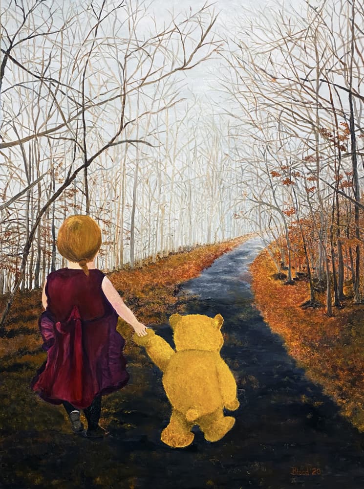 Girl And Bear Autumn Walk by Tom Blood — canvas wall art