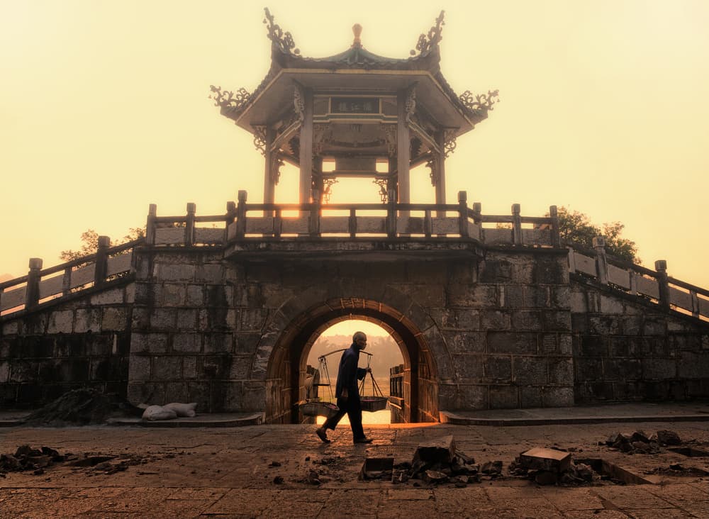 Pagoda Archway Golden Hour by Lou Urlings — canvas wall art