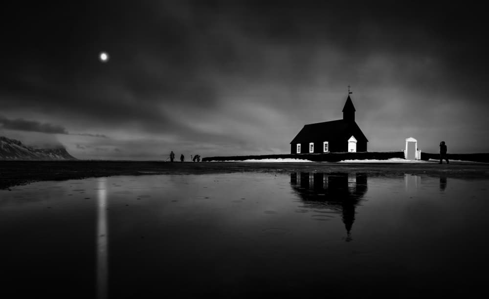 Moody Black Church Reflection by Jiahong Zeng — canvas wall art