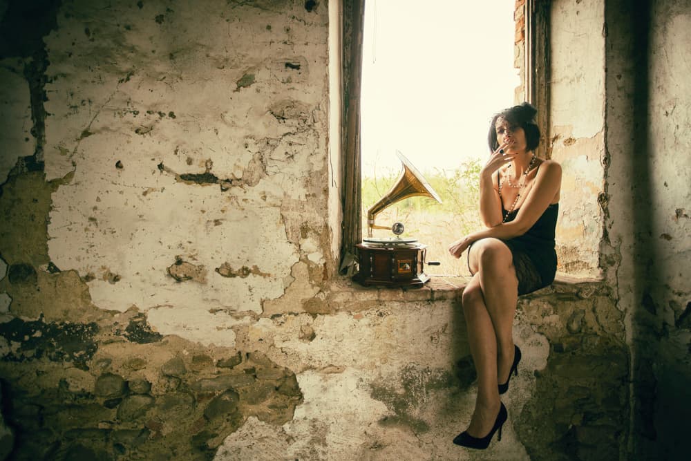 Vintage Woman Gramophone Window by Marco Redaelli — canvas wall art
