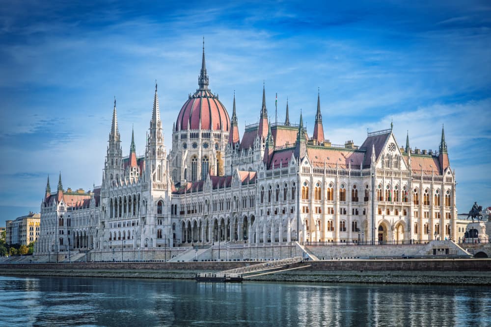 Parliament building in Budapest at sunrise by Jeffrey C. Sink — canvas wall art