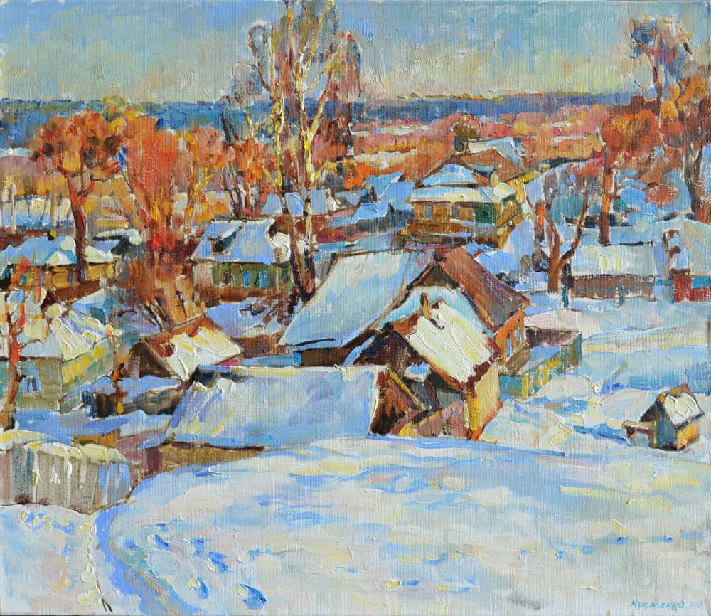 Sunny Winter Village by Andrii Kutsachenko — canvas wall art