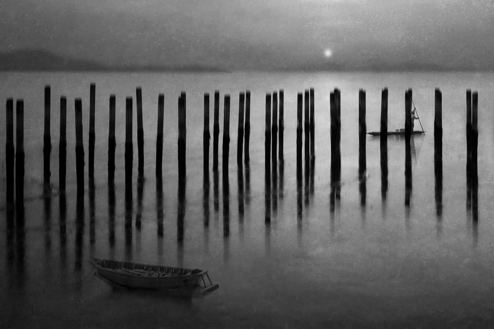 Solitary Boats And Pilings by Ekkachai Khemkum — canvas wall art