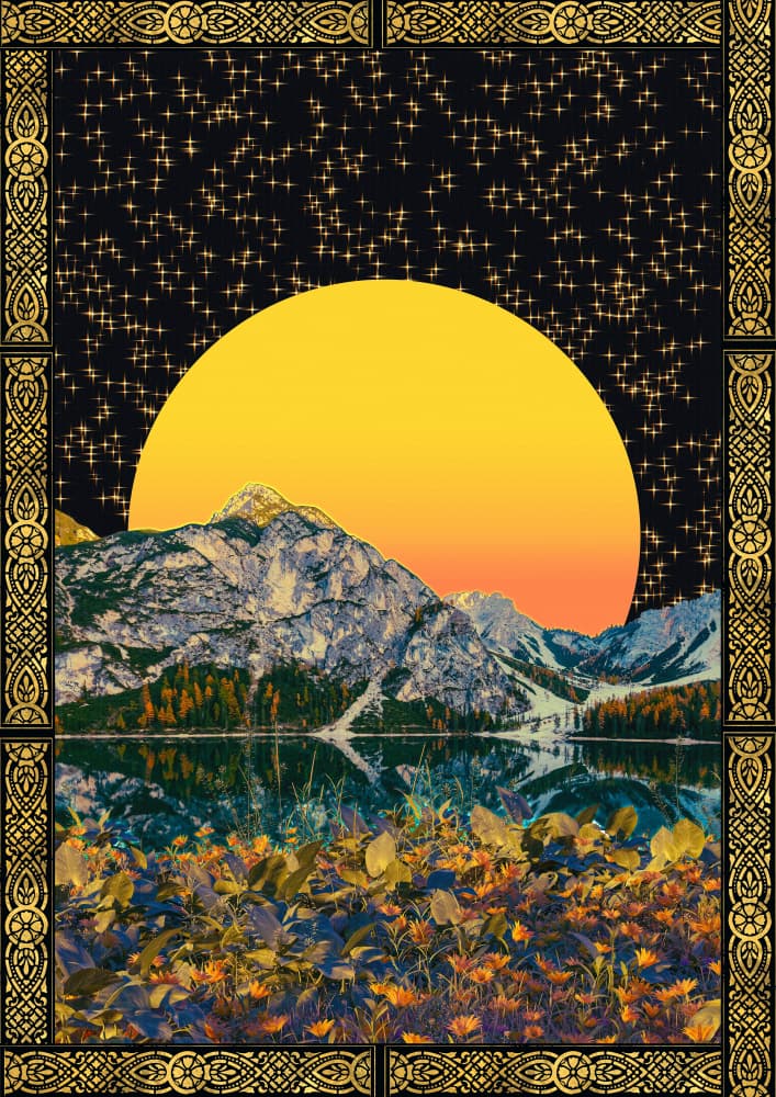 Golden Sun Mountain Lake by CosmoZach — canvas wall art