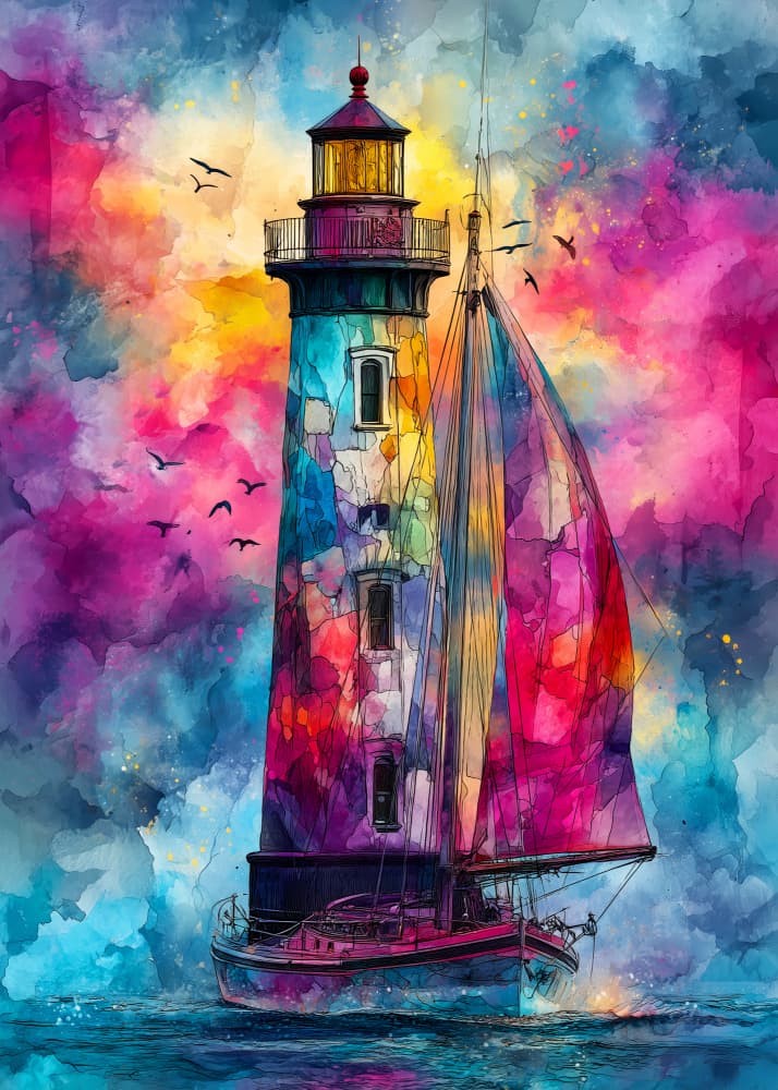 Vibrant Lighthouse Sailboat by Justyna Jaszke — canvas wall art