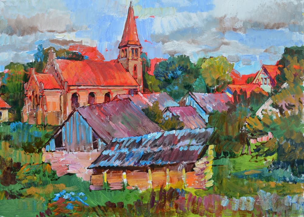 Vibrant Village Church by Andrii Kutsachenko — canvas wall art