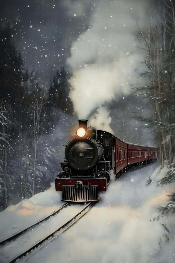 Snowy Steam Train Journey by Melloi Art Prints — canvas wall art