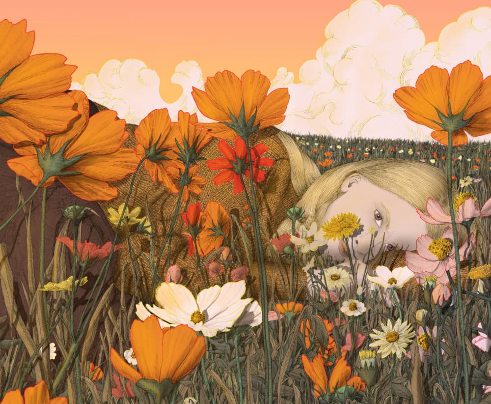 Blonde Girl In Flowers by EC Mazur — canvas wall art