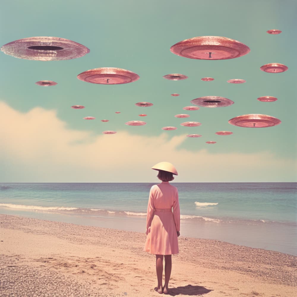 UFOs Over Pastel Beach by Samantha Hearn — canvas wall art