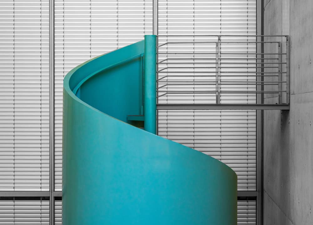 Teal Spiral Staircase by Roland M Schwerdtfeger — canvas wall art