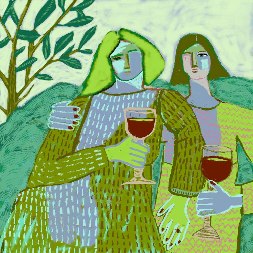 Relaxed Friends With Wine by Sharyn Bursic — canvas wall art
