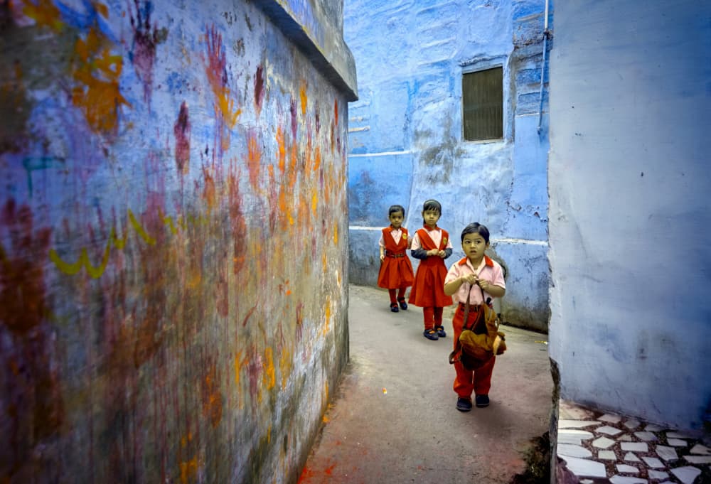 Blue City Schoolgirls by Vivek Kalla — canvas wall art