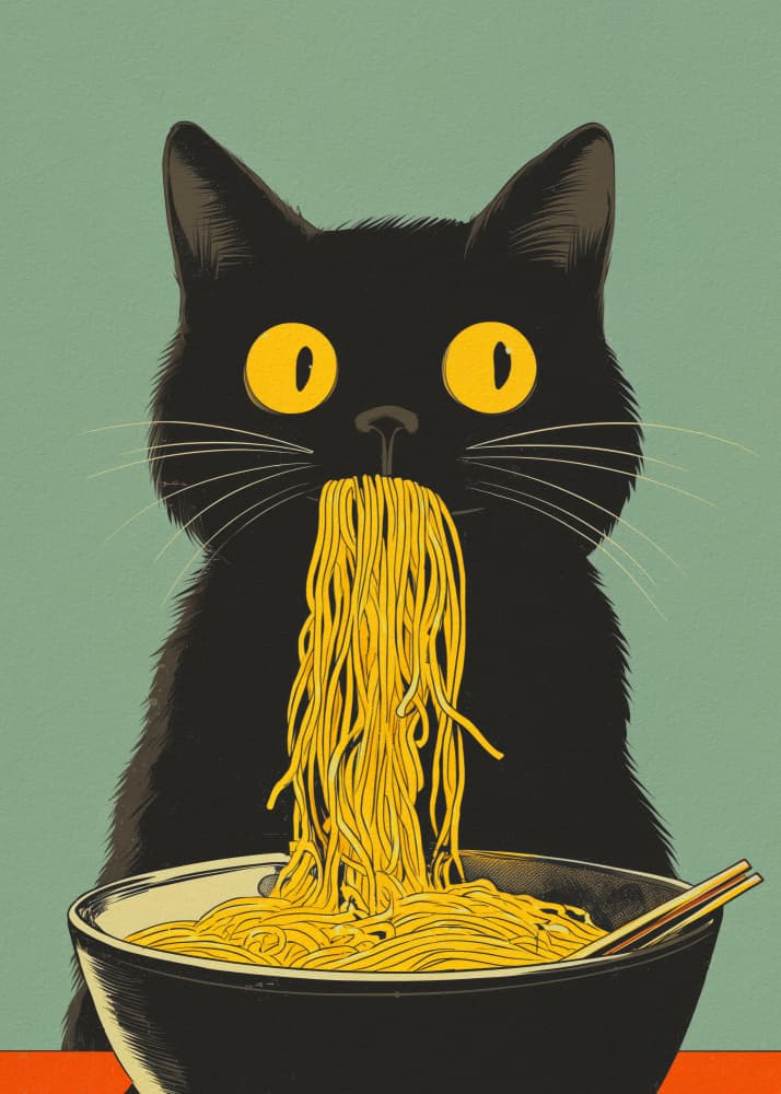 Black Cat Noodle Feast by Andreas Magnusson — canvas wall art