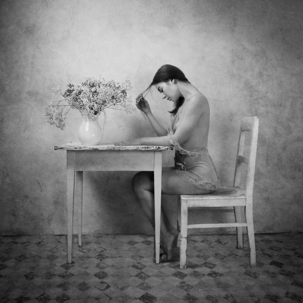 Pensive Woman with Flowers by Christian Kurz — canvas wall art