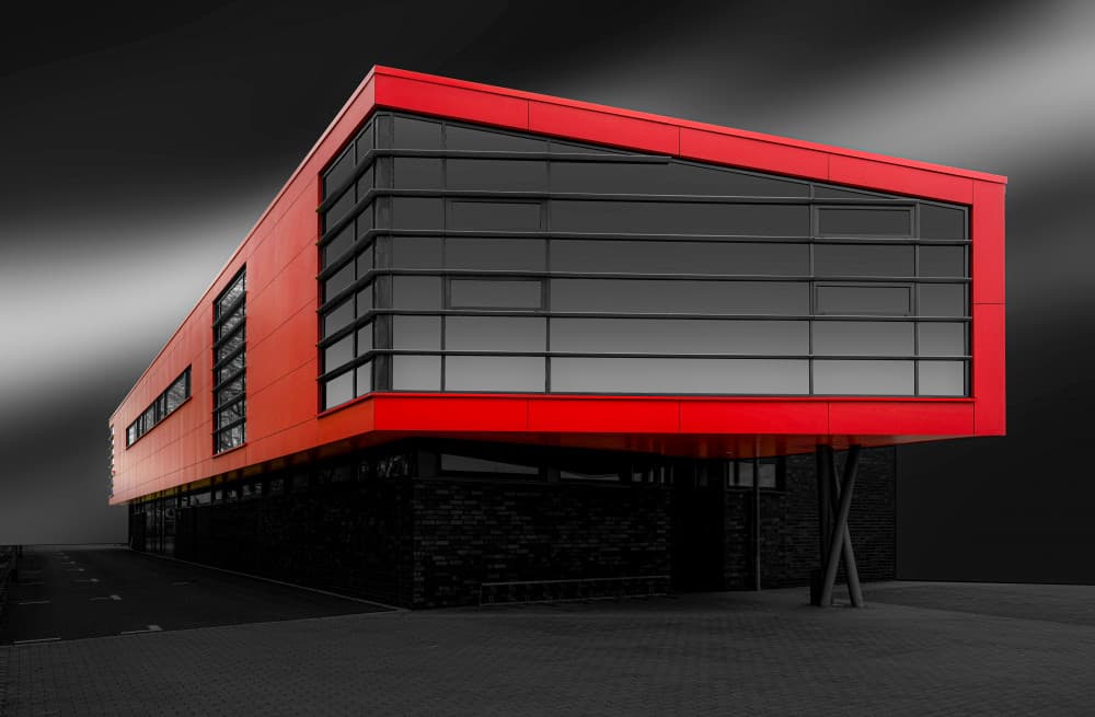 Sleek Red Architecture by Roland M Schwerdtfeger — canvas wall art