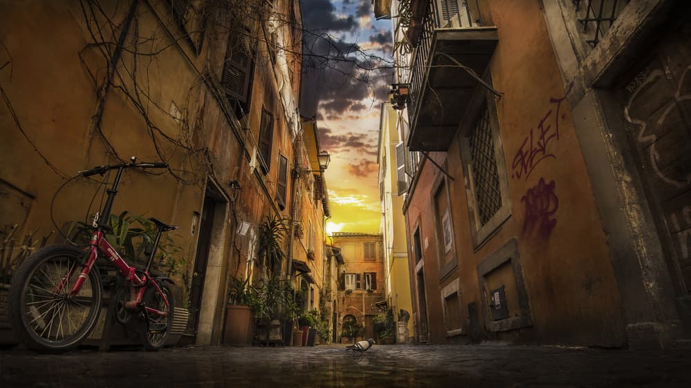 Red Bicycle Alley Sunset by Nicodemo Quaglia — canvas wall art