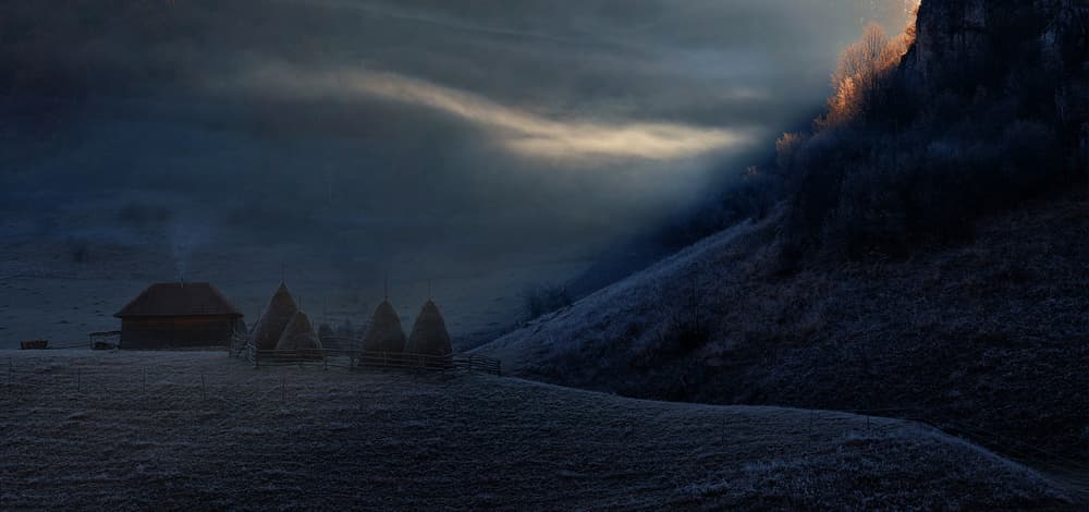 Frosty Morning Cabin by Julien Oncete — canvas wall art