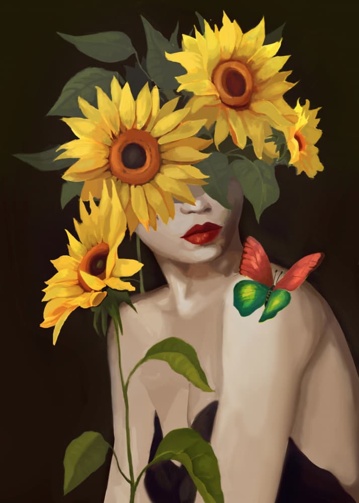 Sunflower Woman with Butterfly by Nadjaa — canvas wall art