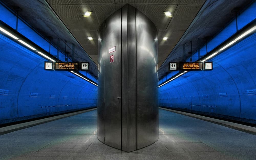 Symmetrical Blue Metro Station by Holger Droste — canvas wall art