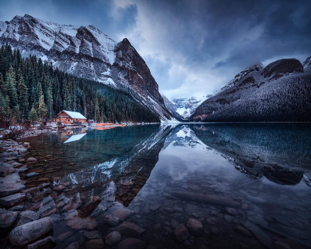 Snowy Mountain Lake Cabin by Juan Pablo de Miguel — canvas wall art