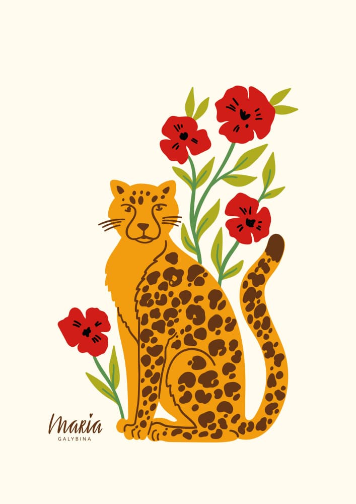 Leopard and Poppies by Maria Galybina — canvas wall art