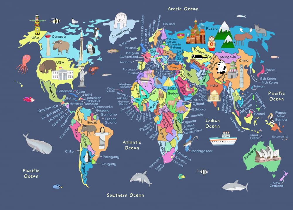 Colorful Cartoon World Map by Carla Daly — canvas wall art