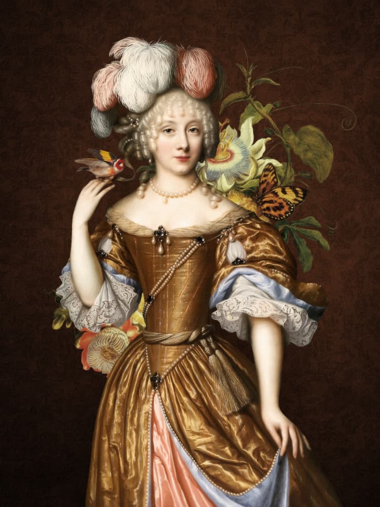 Regal Lady with Goldfinch by Marja van den Hurk — canvas wall art