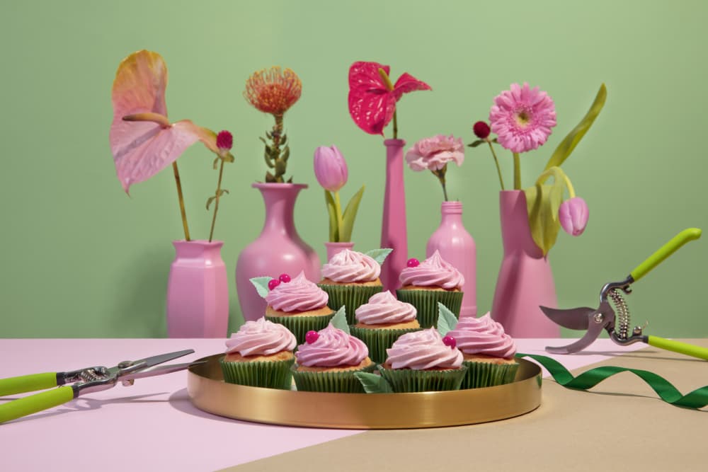 Pink Cupcakes and Blooms by Julia Ramiro — canvas wall art