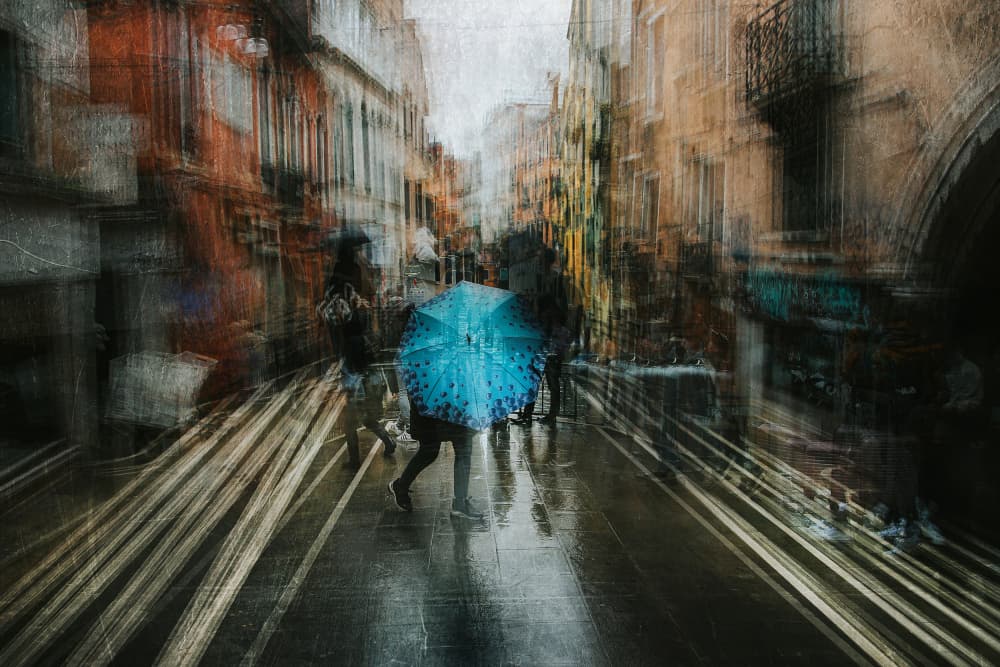 Blue Umbrella Rainy Street by Damijan Sedevcic — canvas wall art