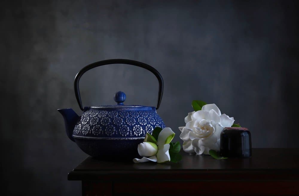 Blue Teapot Gardenias by Fangping Zhou — canvas wall art