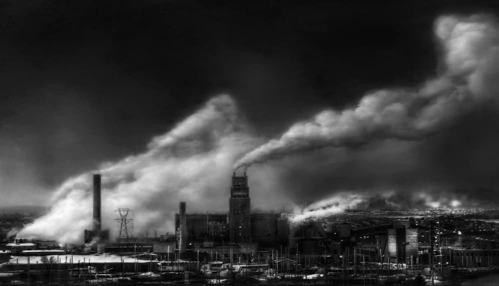 Smokestacks Over City by Yvette Depaepe — canvas wall art