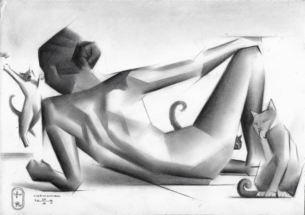 Geometric Woman and Cats by Corné Akkers — canvas wall art