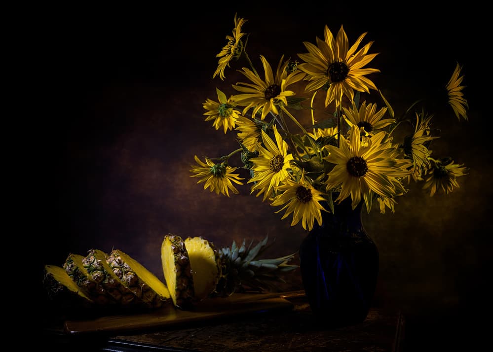 Golden Sunflowers Pineapple by Annie Poreider — canvas wall art