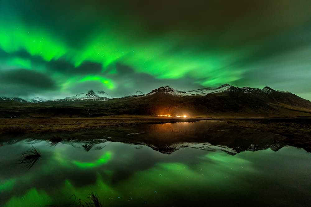 Northern Lights Mountain Reflection by David Martin Castan — canvas wall art