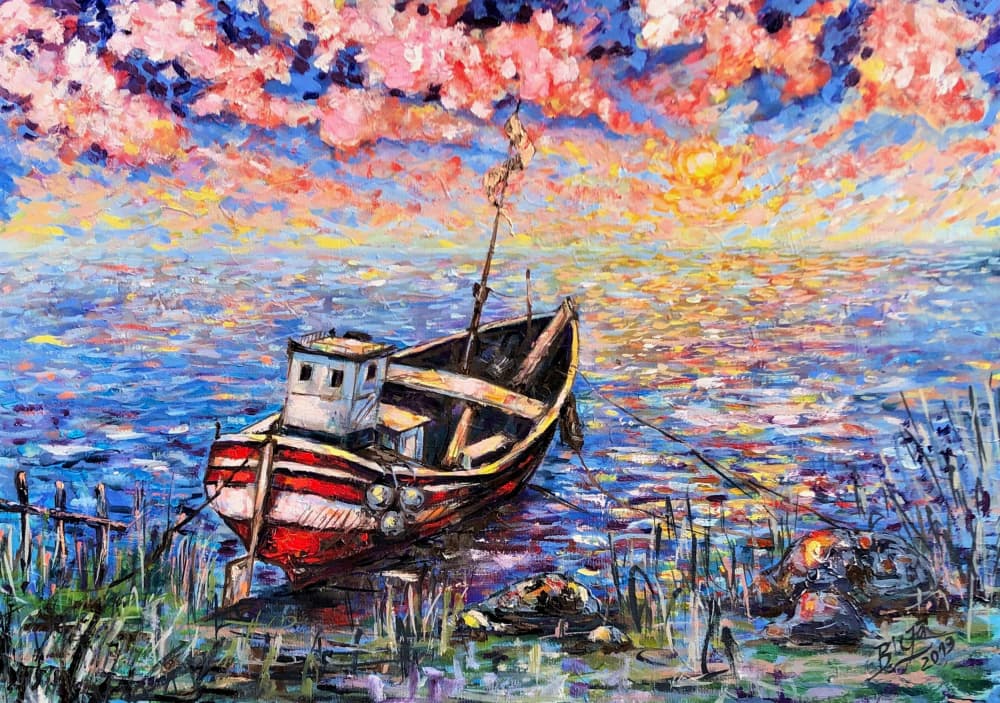 Golden Sunset Boat by Anda Bieza — canvas wall art