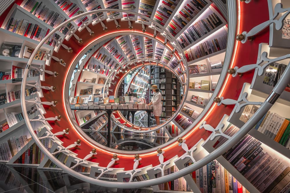 Spiral Bookstore Interior by Mei Xu — canvas wall art