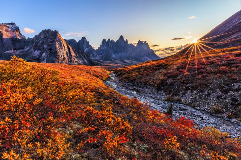 Autumn Mountain River Sunrise by Jun Zuo — canvas wall art