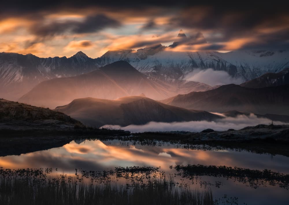 Golden Mountain Lake Reflection by Karol Nienartowicz — canvas wall art