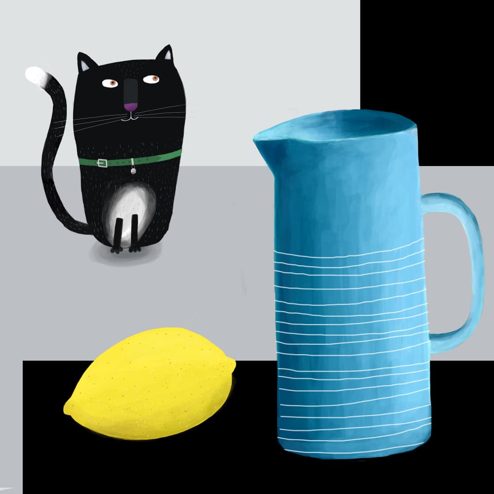 Black Cat Blue Pitcher Lemon by Carla Daly — canvas wall art