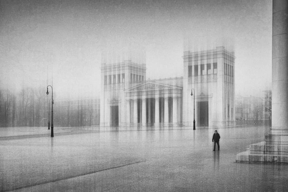Man in Misty Square by Roswitha Schleicher-Schwarz — canvas wall art