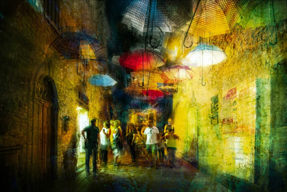 Vibrant Umbrella Alley by Nicodemo Quaglia — canvas wall art