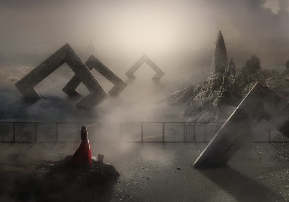Misty Ruins Red Dress by kazutoshikawakami — canvas wall art