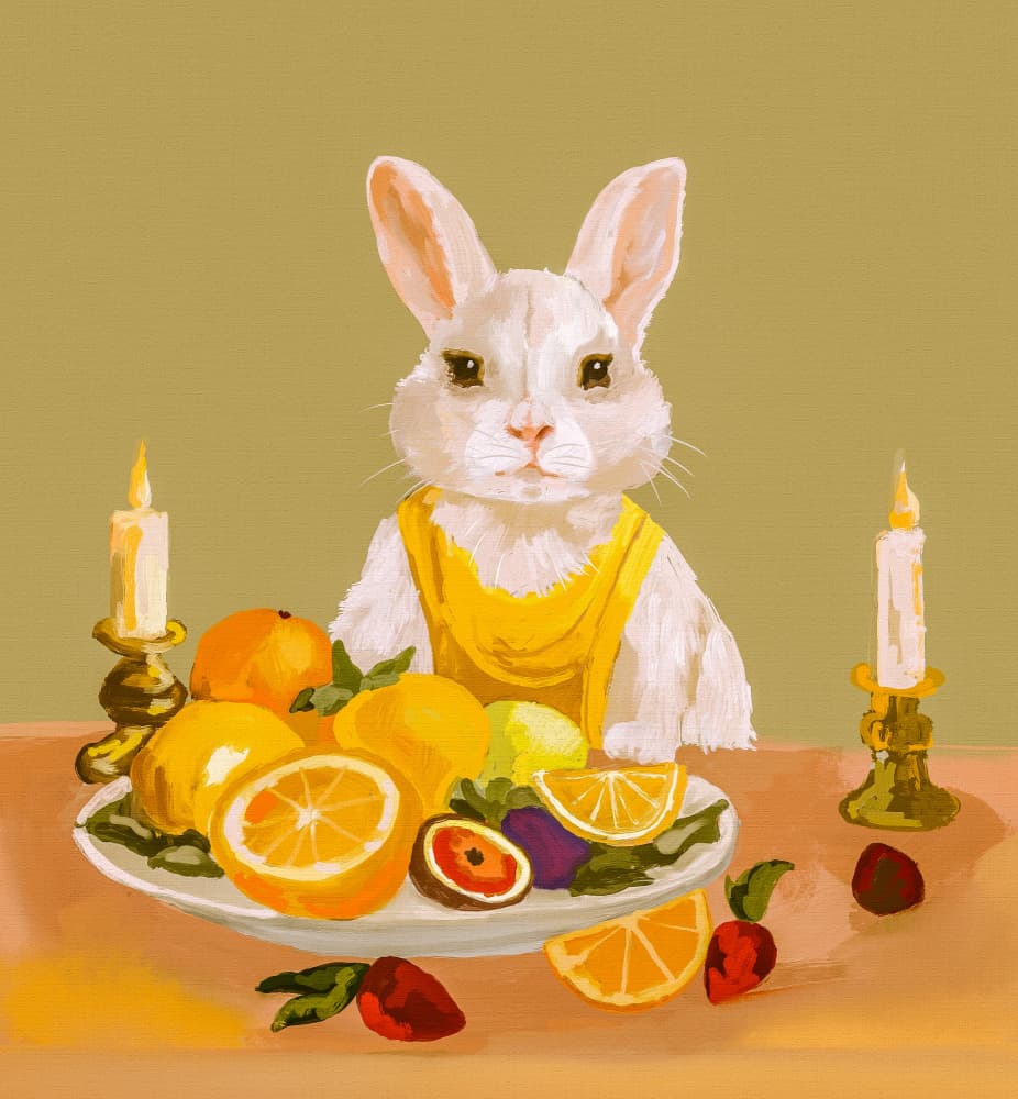 Whimsical Rabbit Fruit Feast by Josie George — canvas wall art