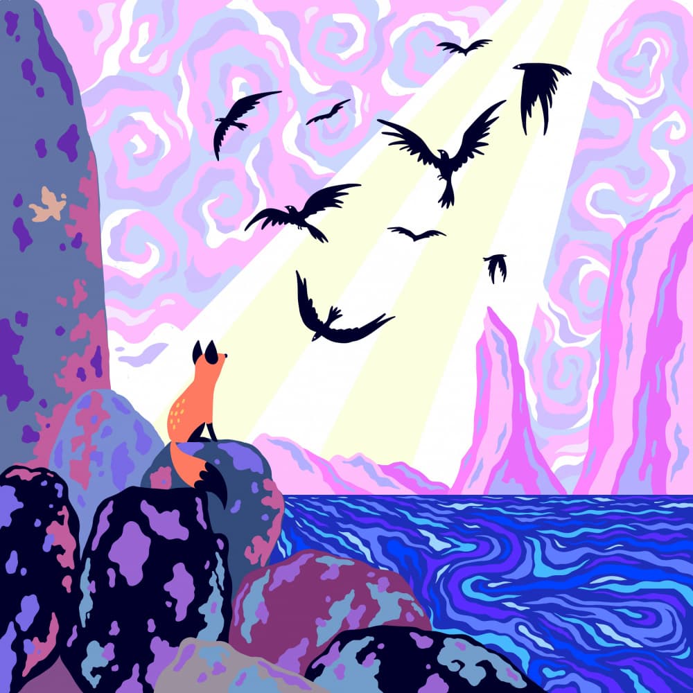 Dreamy Fox And Birds by Tiago Leitao — canvas wall art