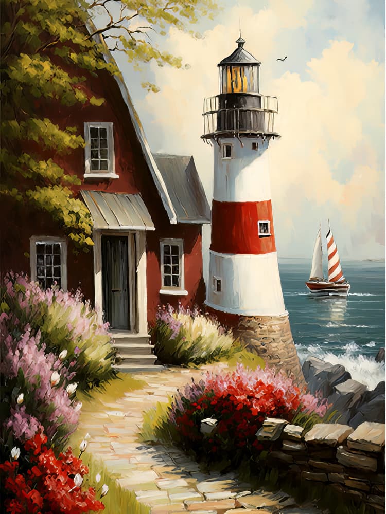 Lighthouse and Coastal Garden by Bilge Paksoylu — canvas wall art