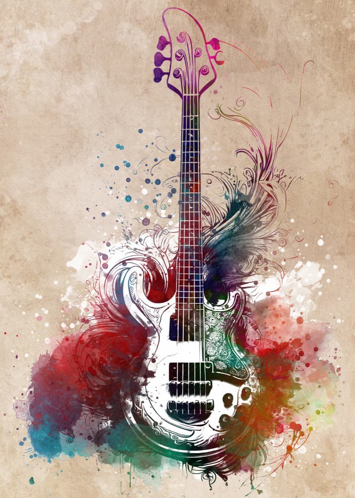 Vibrant Bass Guitar Splash by Justyna Jaszke — canvas wall art