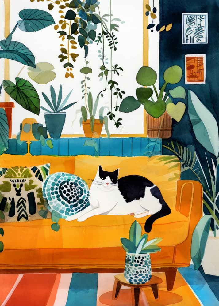 Cozy Cat and Plants by Justyna Jaszke — canvas wall art