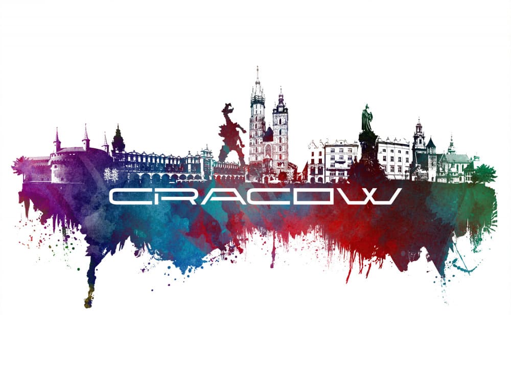 Krakow Skyline Watercolor by Justyna Jaszke — canvas wall art