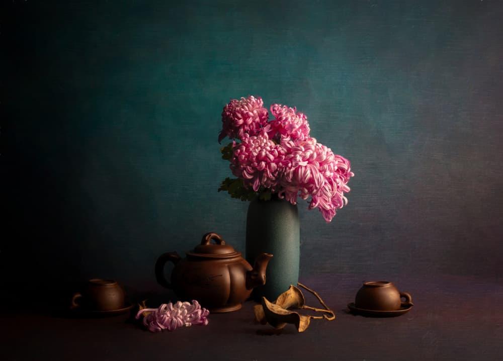 Pink Chrysanthemum Teatime by John-Mei Zhong — canvas wall art