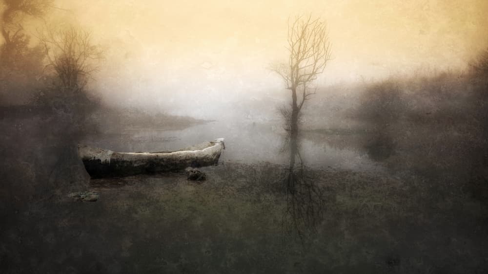 Misty Lake Boat by Charlaine Gerber — canvas wall art